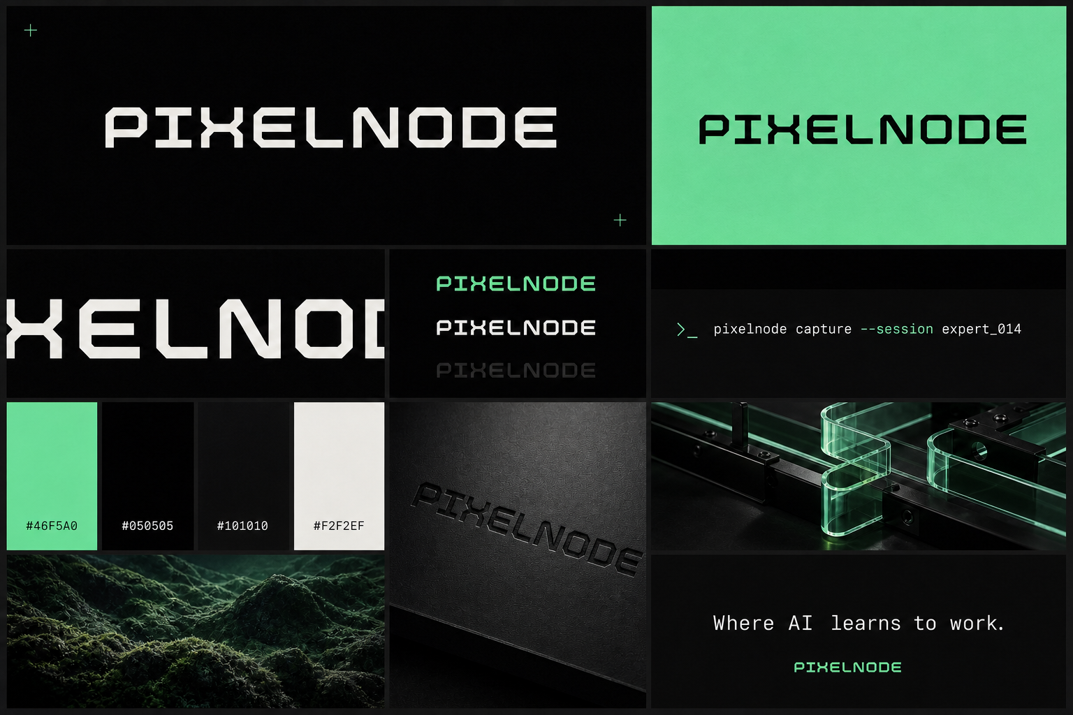 Pixelnode identity board with the white wordmark, mint accent, palette, and applications.