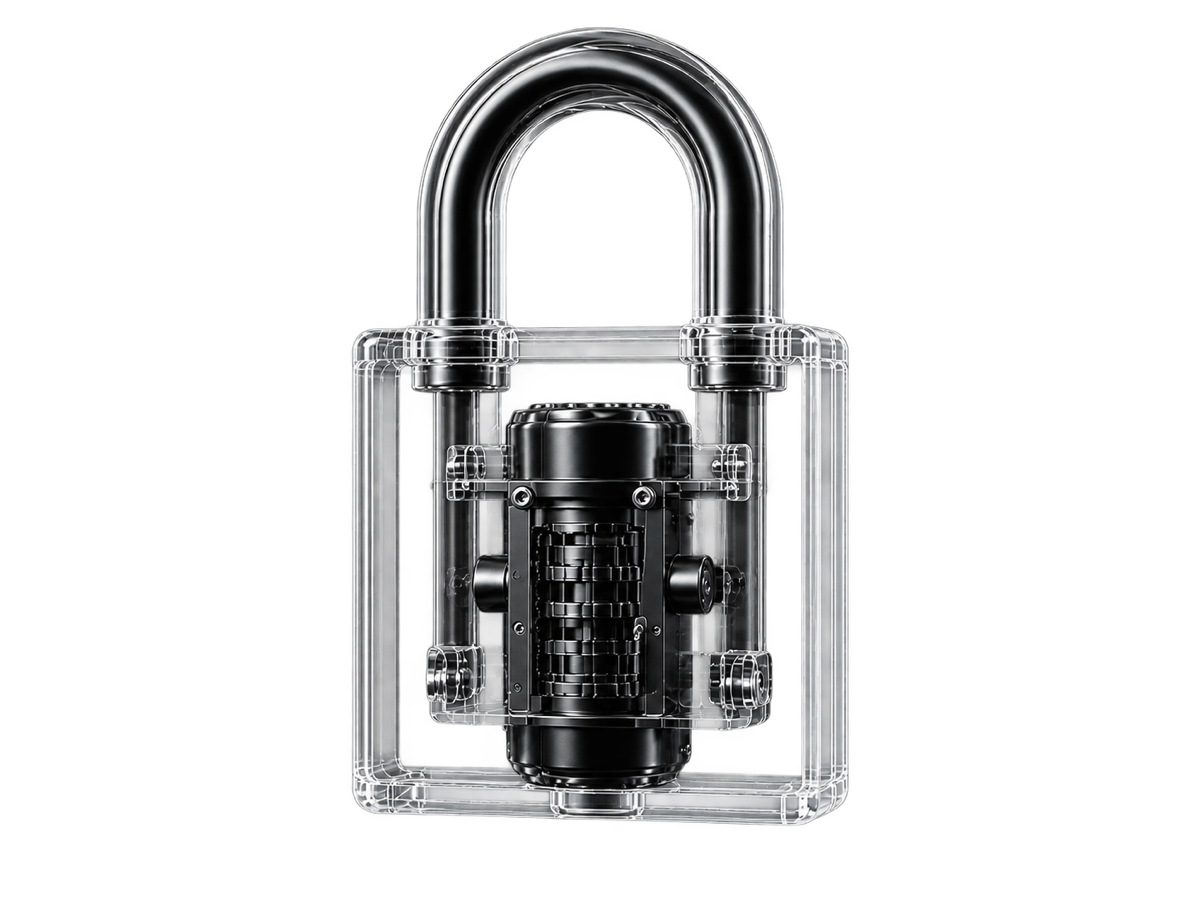 A transparent industrial lock revealing its mechanical security core